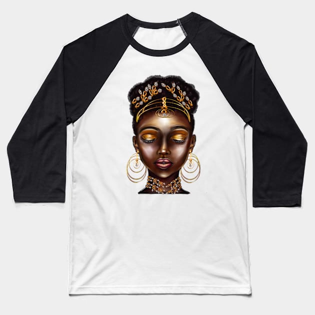 Queen Black empress beautiful black girl with Gold earrings, ornate headdress,  brown eyes looking  upwards and dark brown skin ! Baseball T-Shirt by Artonmytee